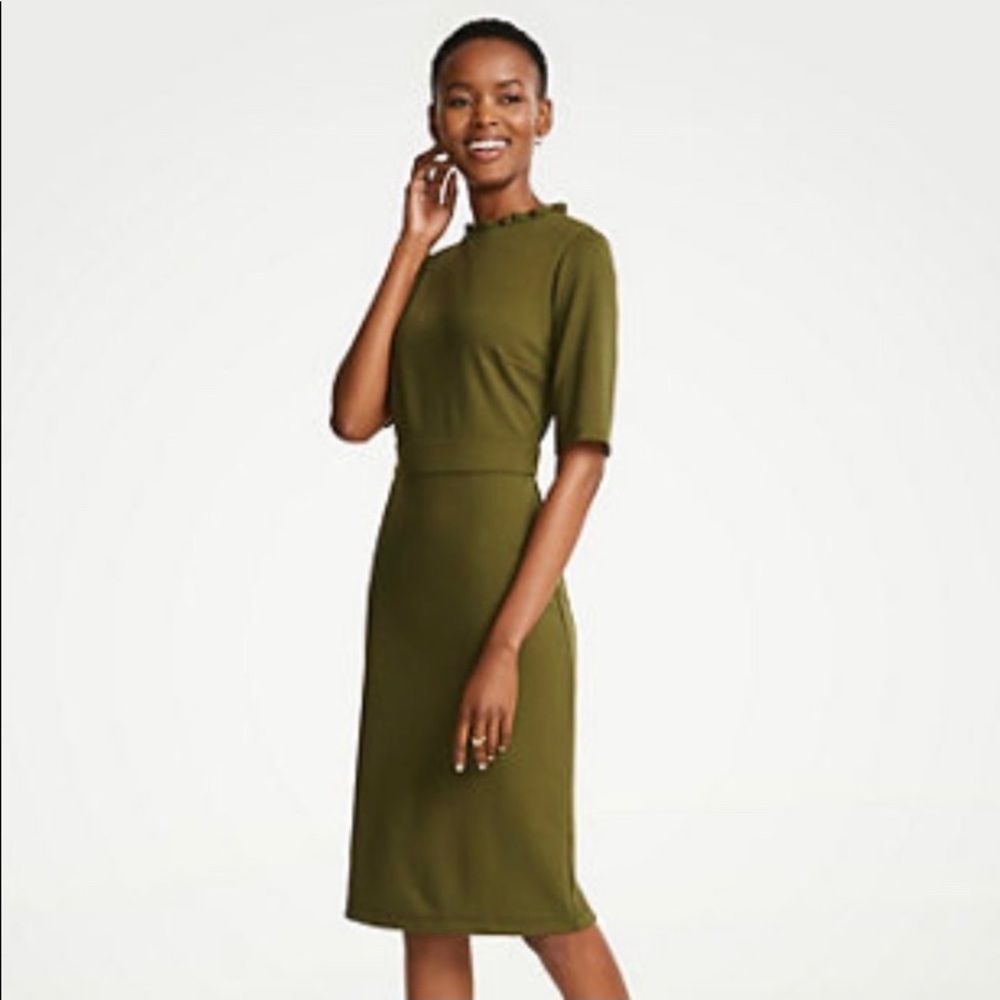 Ann Taylor Dress. Green Elbow Sleeve, Ruffle Neck